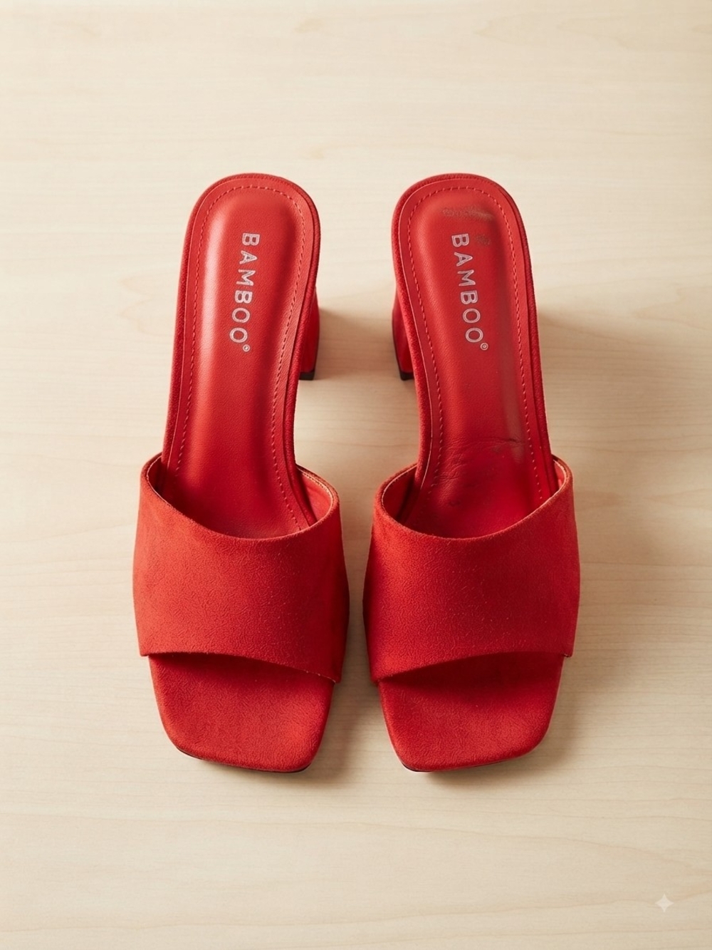 Bamboo Red Suede Open-Toe Block Heel Mules